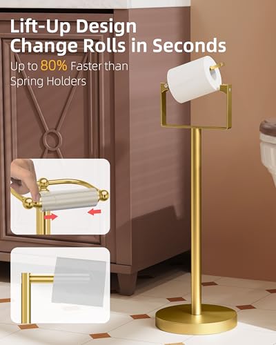 RUACQ Toilet Paper Holder Stand, Modern Freestanding Tissue Roll Holder for Bathroom, Durable 304 Stainless Steel and Weighted Base Toilet Paper Stand (Gold, 1 Pack) - color: Gold, size: Free Standing