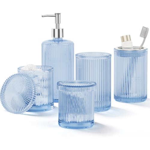 Blue Glass Bathroom Accessories Set 5 Piece, Vintage Ribbed Soap Dispenser, Toothbrush Holder, Tumbler, Qtip Jars, Cute Aesthetic Vanity Organizer for Home, Restroom Countertop Decor - color: Blue, size: 5 Pieces