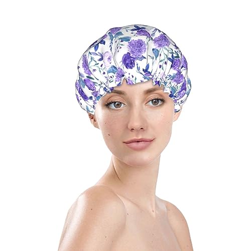 Violet Purple Rose Shower Cap For Women Adjustable Double Waterproof Layers Bathing Shower Hat Hair Protection Reusable Ladies Spa Salon Shower Hat - color: Purple Rose