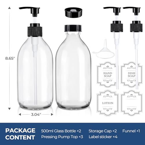 16 oz Clear Glass Soap Dispenser with Pump, Glass Pump Bottle for Lotion Body Oil, 500ml Hand and Dish Soap Dispensers Set with Storage Caps, Labels - 2 Pack - color: Clear