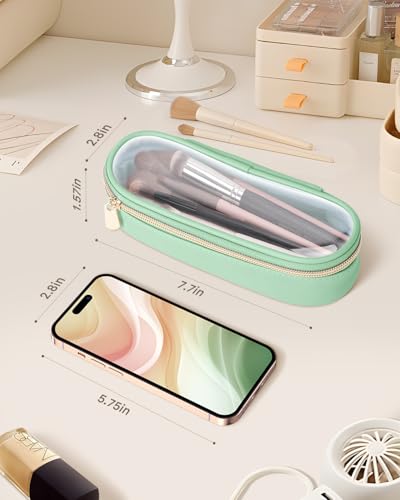 Soimeat Clear Travel Makeup Brush Holder, Leather Makeup Brush Toiletry Bag, Portable Cosmetic Brush Case, Transparent Waterproof Makeup Brush Storage Bag, Mint Green - color: Mint Green, size: Small