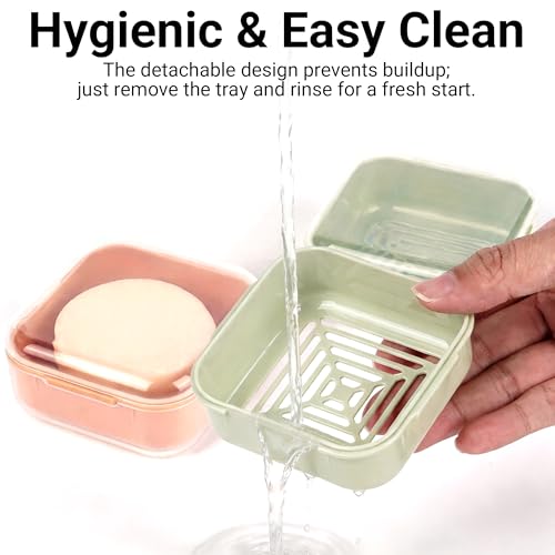 Adorila Small Travel Soap Case with Removable Drain Tray, 2 Pack | Shampoo Conditioner Bar Holder, Shatterproof PP Plastic, 3.1 in x 3.1 in Footprint, Light Green+Peach Pink - color: Light Green+peach Pink