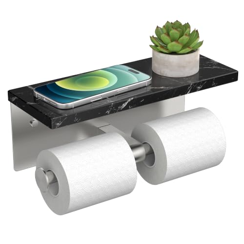 FORIOUS Double Toilet Paper Holder with Shelf, Wall Mount Tissue Roll Holder for Bathroom, 304 Stainless Steel Commercial Toilet Tissue Dispensers with Phone Shelf (1, Stainless Steel-Marble) - color: Stainless Steel-marble