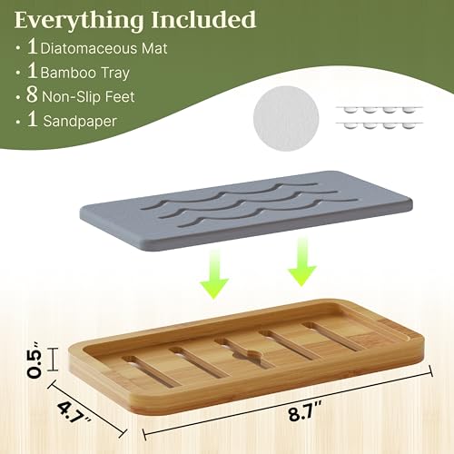 Water Absorbing Stone Tray for Sink, Kitchen Sink Caddy Organizer, Diatomite Bathroom Vanity Counter Tray, Soap Dispenser Sponge Holder, Fast Drying Stone Faucet Mat with Bamboo Tray - color: Dark Gray