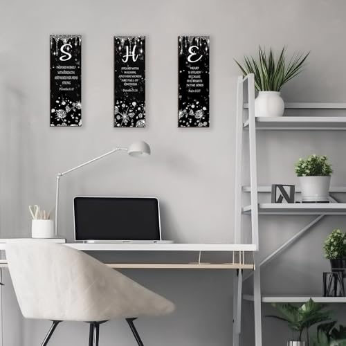 3 Pcs Silver Wall Decor Diamond Bedroom Decor For Women With Religious Black And Silver Bathroom Accessories Office Sign for Home Kitchen Office Wall Decoration 12x4 Inches - color: Silver
