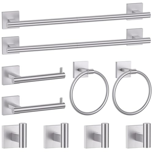 Brushed Nickel Bathroom Hardware Accessories Towel Bar Set, 10 Pieces Bathroom Towel Bar Holder Set, 23.6 Inch Stainless Steel Toilet Paper Holder Towel Racks for Bathroom Wall Mounted - color: Brushed Nickel, size: 10pieces A