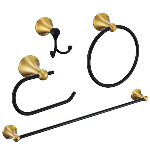 Brushed Gold and Black Bathroom Hardware Set, 4-Piece Black and Gold Bathroom Accessories Kit Stainless Steel 23.6 Inch Towel Bar | Towel Hook | Toilet Paper Holder | Hand Towel Holder - color: Black and Gold