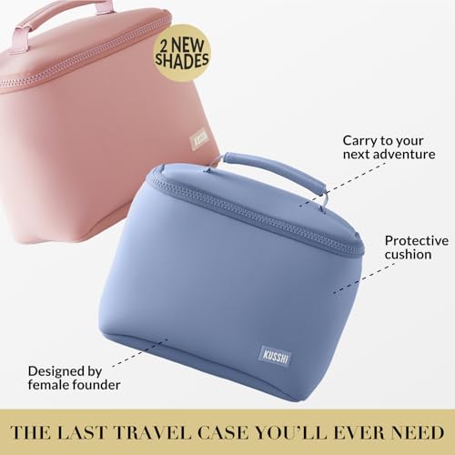 KUSSHI Neoprene Train Case Makeup Bag - Washable Makeup Travel Bag & Vanity Case for Stress Free Travel (Small, Pearl Blue/Sand Pink) - color: Pearl Blue/Sand Pink, size: Small
