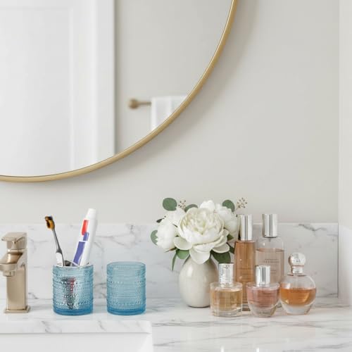Blue Toothbrush Holders for Bathrooms, Glass Toothbrush Holder with 2 Slot Divider, 10oz Bathroom Tumbler and Mouthwash Cup, Tooth Brush Holder for Brushes, Toothpaste - color: Blue