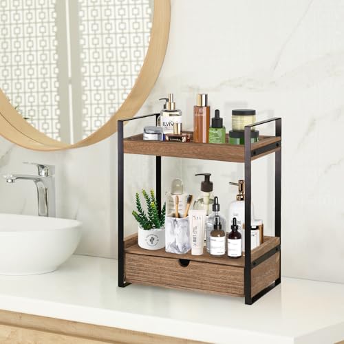 Ukonvi 2-Tier Bathroom Organizer Countertop with Drawer, Wood Counter Shelf for Storage, Vanity Tray for Organization and Decor, Countertop Organizer for Bathroom, Kitchen, Office (Dark Brown) - color: Dark Brown
