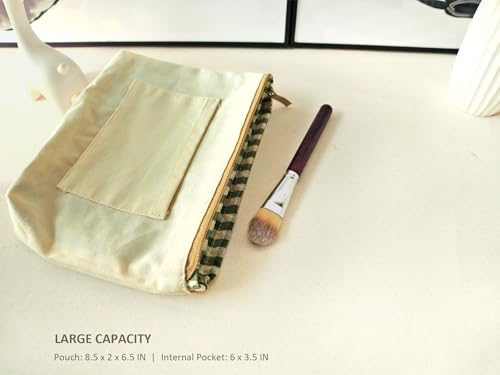 HAPPYHEIDI Khaki Gingham Cotton Makeup Bag Cosmetic Travel Pouch with Bottom, Make Up Purse Organizer, Zipper Closure, Canvas Lined… - color: SX427 Khaki Gingham Cotton