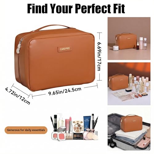 Travel Makeup Bag, Large Capacity Cosmetic Bags for Women, Waterproof Portable Pouch Open Flat Toiletry Bag Make up Bag (Brown) - color: Brown