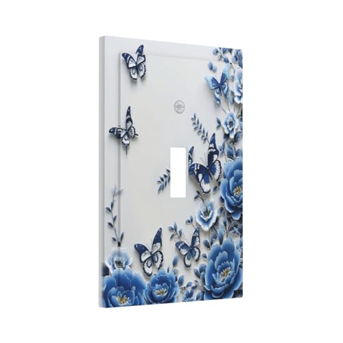 Light Switch Cover Plate Blue Peony Flowers Butterfly Vintage Floral 1 Gang Single Toggle Decorative Switch Plates Wall Plates Electrical Faceplate for Bathroom Bedroom Decor - color: Blue Peony Flowers Butterfly Vintage Floral, size: 1 Gang Single Toggle
