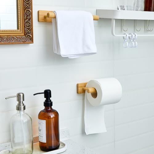 Maxcheck 2 Pcs Bamboo Toilet Paper Holder Wall Mounted Bathroom Towel Holder Wood Towel Rack Toilet Paper Holder and Towel Holder Set Wood Towel Bar Towel Hanger for Kitchen Living Room Bedroom