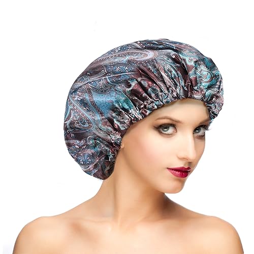 Fishent Shower Cap, Large Shower Caps for Women Reusable Double Layer Waterproof, Adjustable Extra Large Shower Cap for Long Hair and Braids（Cyan Print) - color: Cyan print, size: X-Large