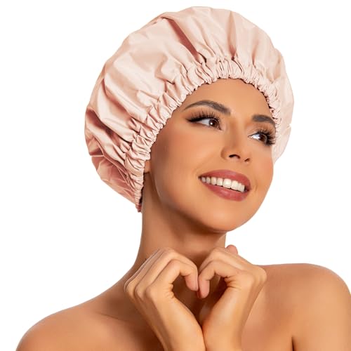 Edoneery Reusable Shower Caps for Women, Waterproof Long Hair Bonnet | Washable Design, Wide Elastic Band, Large Fit, Holds Long Hair, Braids Friendly, Bath Accessories, Spa, Travel - color: Beige