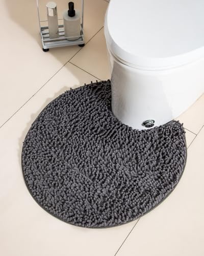 Soft Shaggy Round Toilet Rug U Shaped for Bathroom, Excellent Absorbent Contour Toilet Mat Machine Washable, Non-Slip Microfiber Chenille Bathroom Rugs 24" Dark Grey - color: Dark Grey