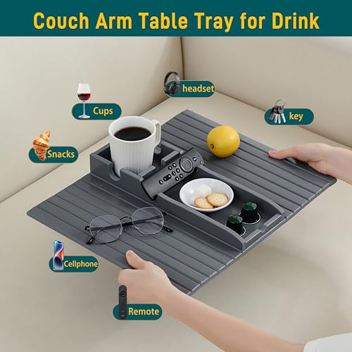 Bamboo Couch Cup Holder Arm Tray，Foldable Couch Drink Holder Armrest Table，Sofa Arm Rest Tray，Flexible Arm Chair Table Recliners for Drink,Cups, Snacks, Phone, Remote (Grey) - color: Grey