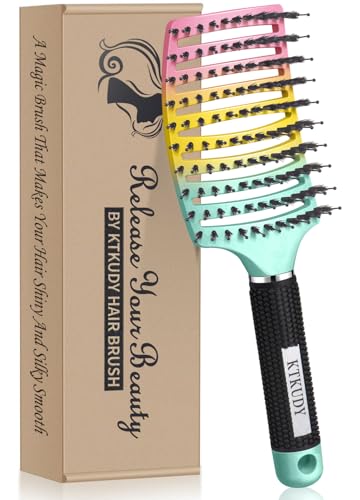 KTKUDY Detangling Brush Boar Bristles Hairbrush Make Hair Shiny & Healthier Curved and Vented Detangler Brush for Women Men Kids Wet & Dry Hair (Rainbow) - color: Green-Yellow-Pink Gradient