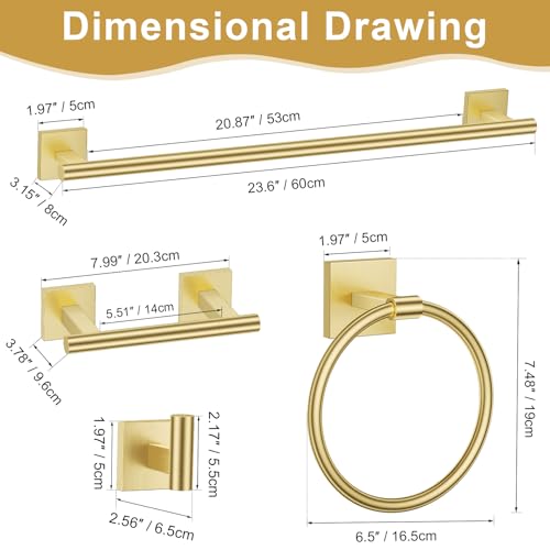 Brushed Gold Bathroom Hardware Towel Bar Set, 5 Pieces Double Dase Toilet Paper Holder Towel Holder Set, 23.6 Inch Stainless Steel Towel Rack for Bathroom Wall Mount - color: Brushed Gold, size: 5pieces B
