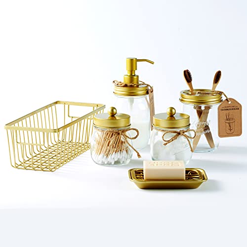 SheeChung Mason Jar Toothbrush Holders, Glass Toothbrush Holders for Bathroom, Bathroom Essentials, Mason Jar Bathroom Accessories Set, Bathroom Countertop Organizer-Gold - color: Gold
