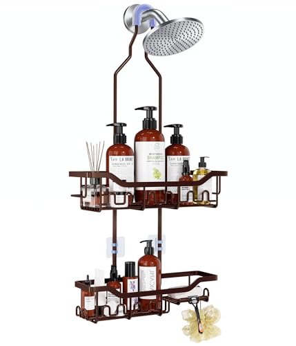 Upgraded Extended Length Shower Organizer with Hooks, Rustproof Shampoo Soap Holder, Large Hanging Bathroom Caddy, Brown - color: Brown