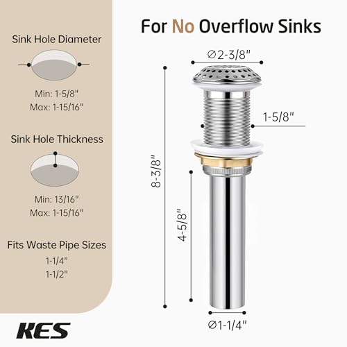 KES Bathroom Sink Grid Drain Without Overflow, 360° Water Drainage, Anti-Clog Grid, Polished Chrome Vanity & Vessel Drain, Solid Stainless Steel & Brass, S2021D-CH - color: Polished Chrome