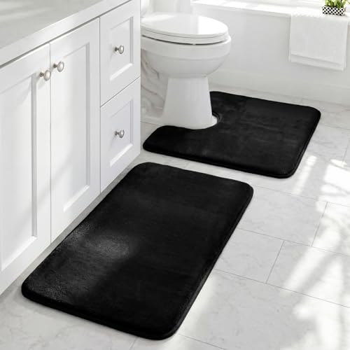 HUXMEYSON Bathroom Rugs Sets 2 Piece, Non-Slip & Quick Dry Bath Mat Set, Ultra Soft Velvet Bath Rugs for Bathroom, Toilet and Shower Floor, Black - color: Black, size: 17"x24"+U Shape 20"x24"