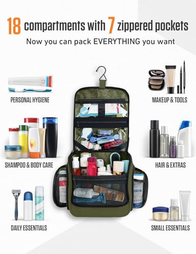 VENTURE 4TH Hanging Travel Toiletry Bag for Women & Men – Large Toiletry Organizer with 18 Compartments, Removable TSA Pouch, Travel Wash Bag for Toiletries, Makeup & Shaving Kit (Forest Green) - color: Forest Green