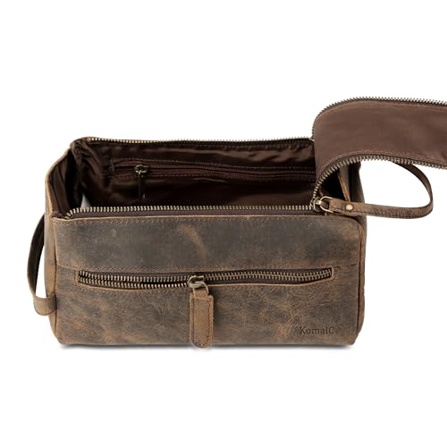 KomalC Premium Buffalo Leather Toiletry Bag for Men & Women With Water resistant Lining, Grooming Travel Pouch, Unisex Wash Bag for Toiletries, Gifts for Men and Women - color: Distressed Tan