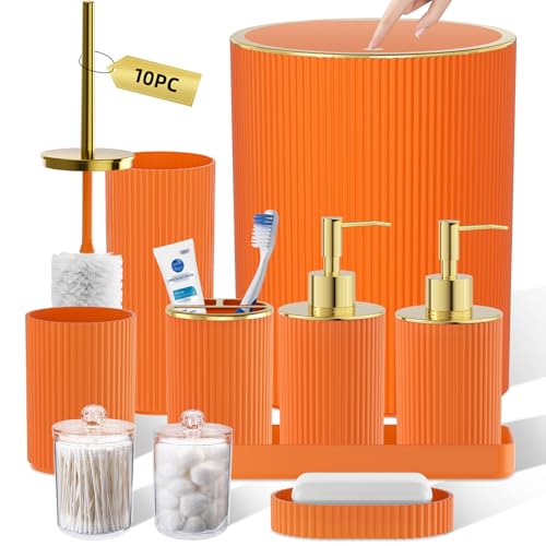 Orange Bathroom Accessories Set, 10PC Bathroom Set, Bath Accessory with Pop Up Trash Can, Soap Dispenser, Toilet Brush, Toothbrush Set Qtip Holders & Tray - color: Orange & Gold, size: 10-Piece Set (Accessories Only)
