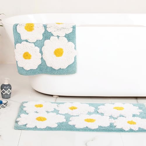 voyzz home 100% Cotton Aqua Bath Rug Mat Extra Soft and Cute Spring Daisy Rug, White and Yellow Flower Decor Rug, Super Water Absorbent and Machine Washable Mats for Bath Floor, Tub and Shower 20 x 32 - color: Aqua Blue Flower Single 20x32