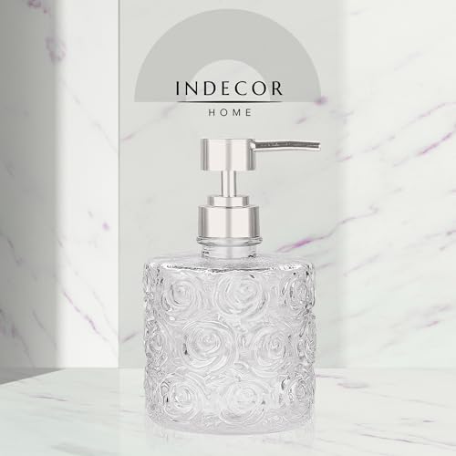 Marcella Glass Soap Dispenser with Soap Pump, Refillable 14 Ounce Capacity, Floral Design Rose Patterns, Heavy Weight Thick Glass for Bathroom, Premium Kitchen Soap Dispenser Clear - color: Clear