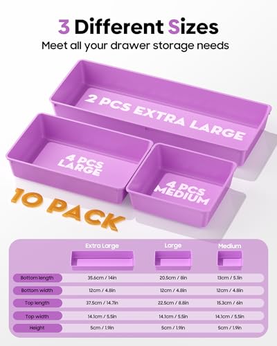 10 Pack Large Size Plastic Drawer Organizers Set, 3 Sizes Desk Drawer Organizer Trays, Storage Bins for Vanity, Makeup, Bathroom, Kitchen Utensils and Office (Purple) - color: Purple