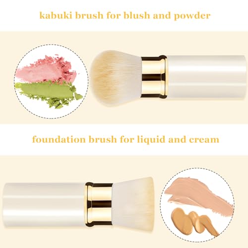Retractable Kabuki Makeup Brush 2 Pack, Travel Powder Makeup Brush | Face Blush Brushes for Blending Liquid, Blush, Bronzer, Buffing, Foundation, Flawless Cosmetics, with Aluminum Handle, Cover - color: White