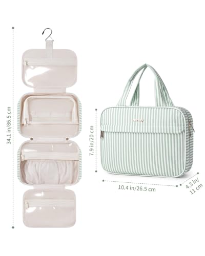 Narwey Striped Hanging Toiletry Bag for Women Travel Makeup Bag Organizer Cosmetic Make Up Toiletries Bag for Travel Essentials Accessories (Mint Green Stripe, Medium) - color: B-Mint Green Stripe, size: Medium