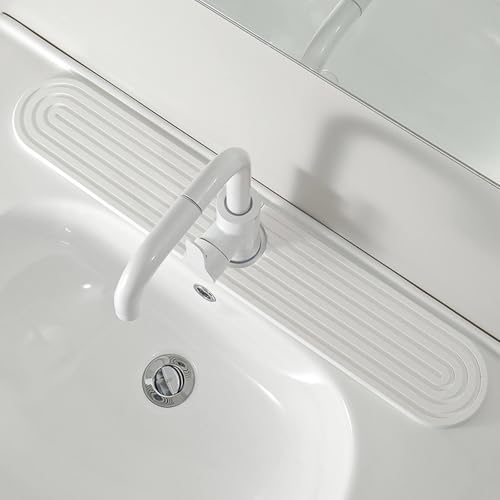 dophee Faucet Mat for Kitchen Sink, Diatomite Fast Drying Stone Sink Tray Faucet Splash Guard Absorbent Mat for Bathroom Counter, 23.3"x3.9", White - color: White