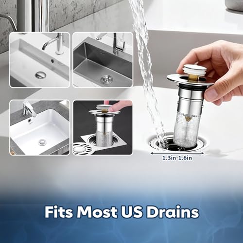 2 Pack Bathroom Sink Drain Strainer, Universal Sink Stopper with Hair Catcher Easy-Clean Pop-Up Stainless Steel Sink Strainer (F36)