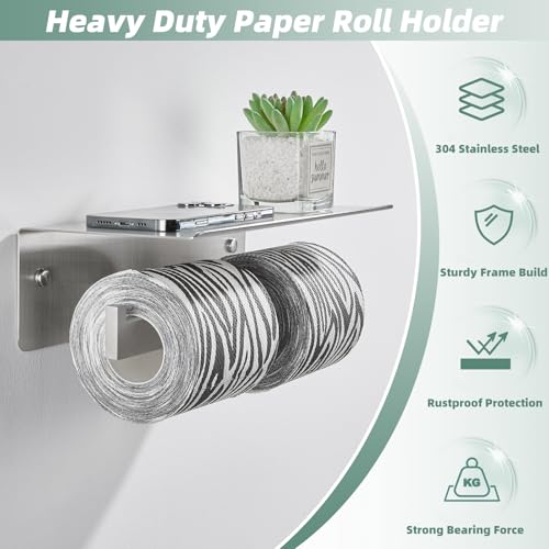 APLusee Double Toilet Paper Holder with Shelf, 304 Stainless Steel Brushed Nickel Bathroom Tissue Holder, Commercial Paper Roll Dispenser Wall Mounted - color: Brushed Nickel, size: Double Rod