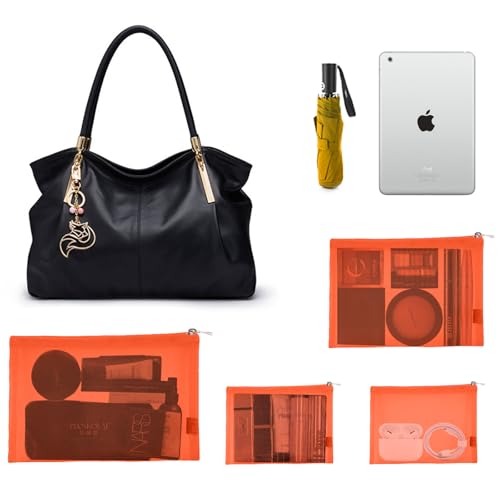EASYFUN Mesh Pouch, Make up Bag with Zipper Cosmetic Organizer Pouch for Daily or Travel to Keep Small Items, 4 PCS Orange - color: Orange