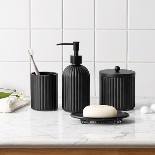 4PCs Heavy Weight Decent Glass Bathroom Accessories Set with Decorative Pressed Pattern - Includes Hand Soap Dispenser & Tumbler & Soap Dish & Toothbrush Holder (Black) - color: Black