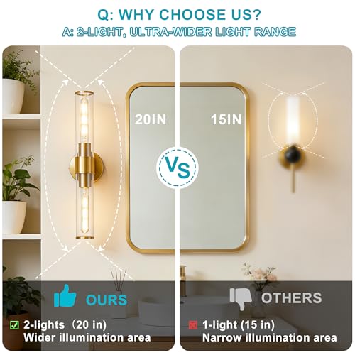 Gold Wall Sconce 2 Pack Hardwired, Bathroom Light Fixtures Clear Glass Featuring Two E26 sockets, Vanity Lights Fixtures for Bathroom, Dimmable - Bulb Not Included, UL Certification - color: Gold Clear Glass-2Pack