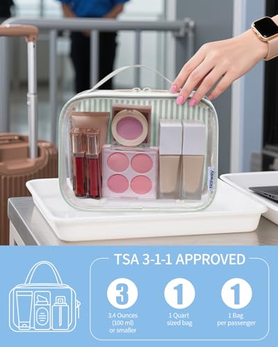 Narwey TSA Approved Clear Toiletry Bag for Travel, Waterproof PVC Clear Makeup Bags, Portable Compact Cosmetic Bag Make Up Organizer, Airport Airline Quart Size Compliant Bag (Mint Green Stripe) - color: Y-Mint Green Stripe