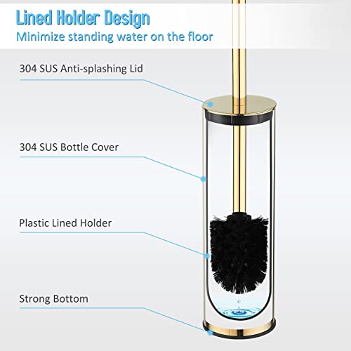 Toilet Brush and Holder Set Gold Stainless Steel, 304 Heavy Duty Round Toilet Brush Set – Rust Resistant, Long Handle, Replacement Heads, Floor Standing Bathroom Toilet Cleaning Brush - color: Gold-round