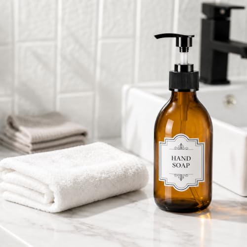 8 oz Amber Glass Soap Dispenser, 250ml Glass Pump Bottle for Body Lotion Massage Oil, Refillable Empty Hand and Dish Soap Dispensers Set with Labels - 3 Pack - color: Amber