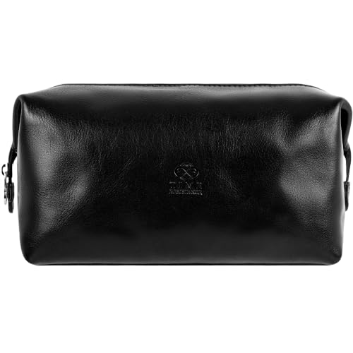 Time Resistance Leather Toiletry Bag - Italian Cosmetic Case Dopp Kit (Black) - color: Black