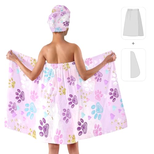 Women's Spa Bath Wrap and Hair Towel Set, Cute Pink Paw Print Shower Wrap Robe with Matching Hair Turban, Adjustable Fast Drying Wearable Bath Towel Dress for Gym, Spa, Sauna & Makeup, Dog Mom Gift - color: Pet Paws 5