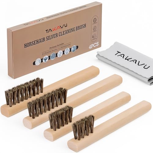 TAKAVU Horsehair Detail Brush Set, Silver Cleaning Brushes & Polish Cloth for Silverware Plateware Jewelry - color: 4pcs Horsehair Brush Set
