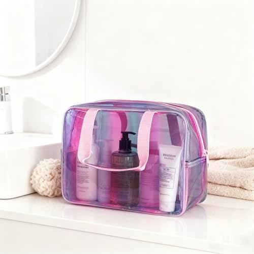 Waterproof Makeup Bag,11.81 x 5.12 x 8.27 inch Iridescent TPU Travel Toiletry Bag with Handle for Women & Men, Portable Cosmetic Pouch for Gym Swim Beach (A23014) - color: A23014-418-2