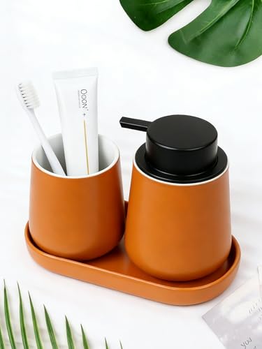 BosilunLife Ceramic Bathroom Accessories Set 3 Pcs, Liquid Soap Dispenser and Toothbrush Holder with Tray, Modern Farmhouse Vanity Decor, Orange Housewarming Gift - color: Orange, style: liquid